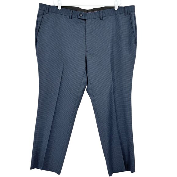 JV Men's Reflex Stretch Wool Blend Flat Front Plaid Blue Dress Pants Size 46x30 - Picture 1 of 10